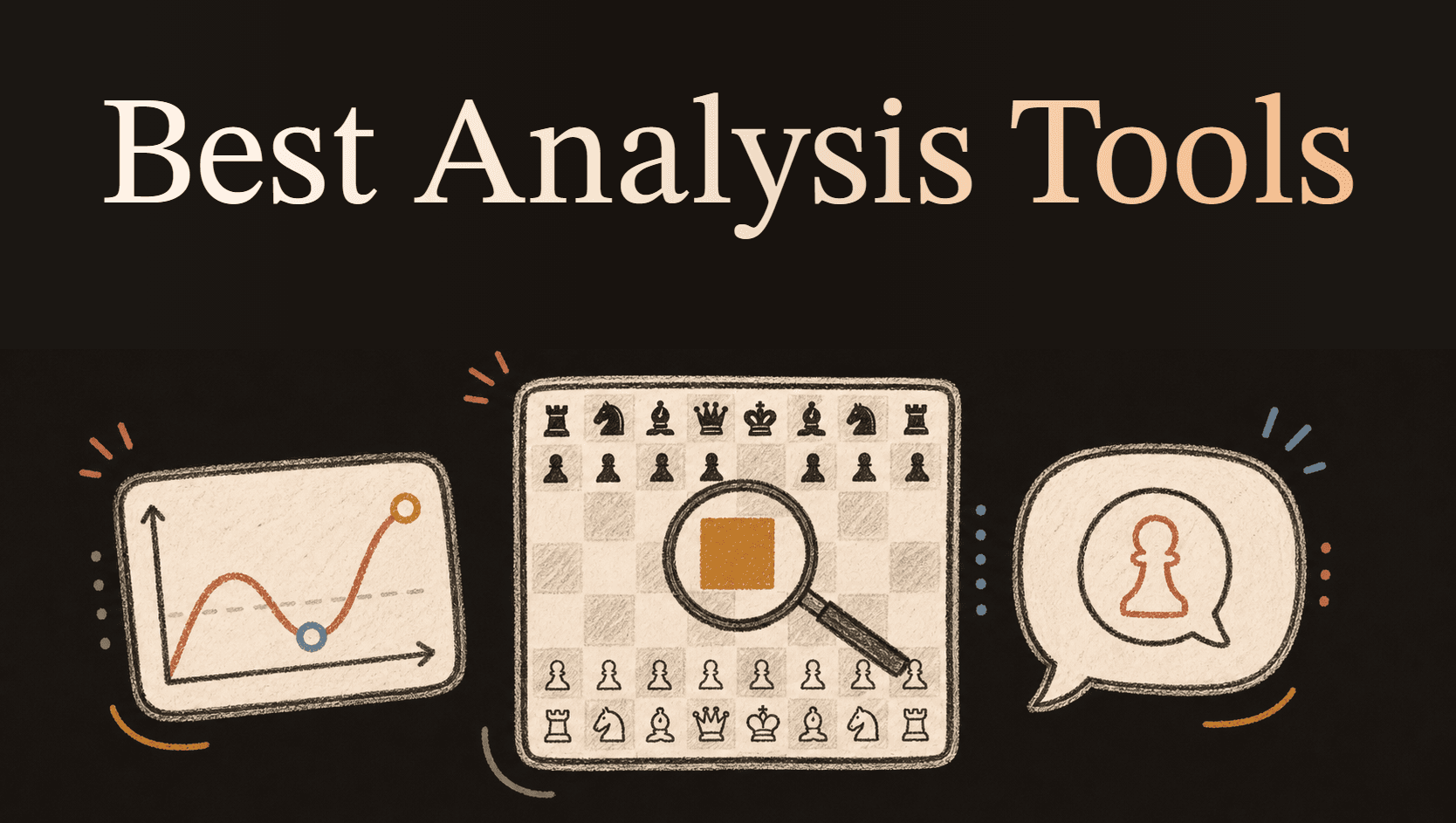 Hand-drawn chessboard with a magnifying glass, evaluation chart, and AI coach bubble comparing chess analysis tools