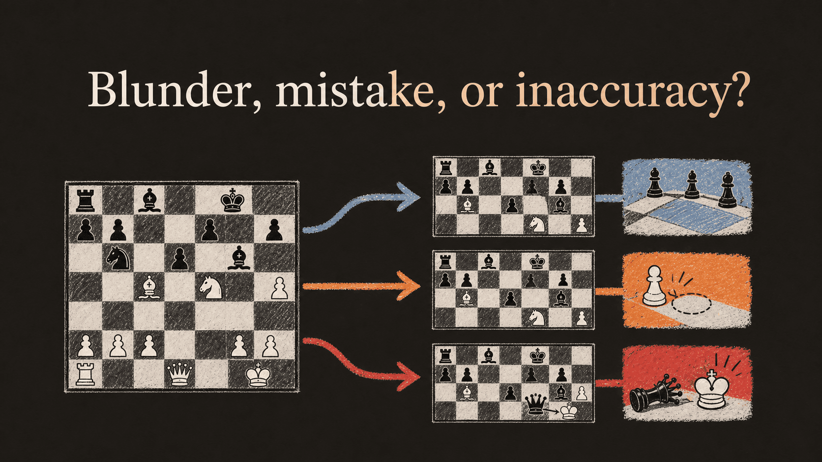One chess position branching into inaccuracy, mistake, and blunder outcomes