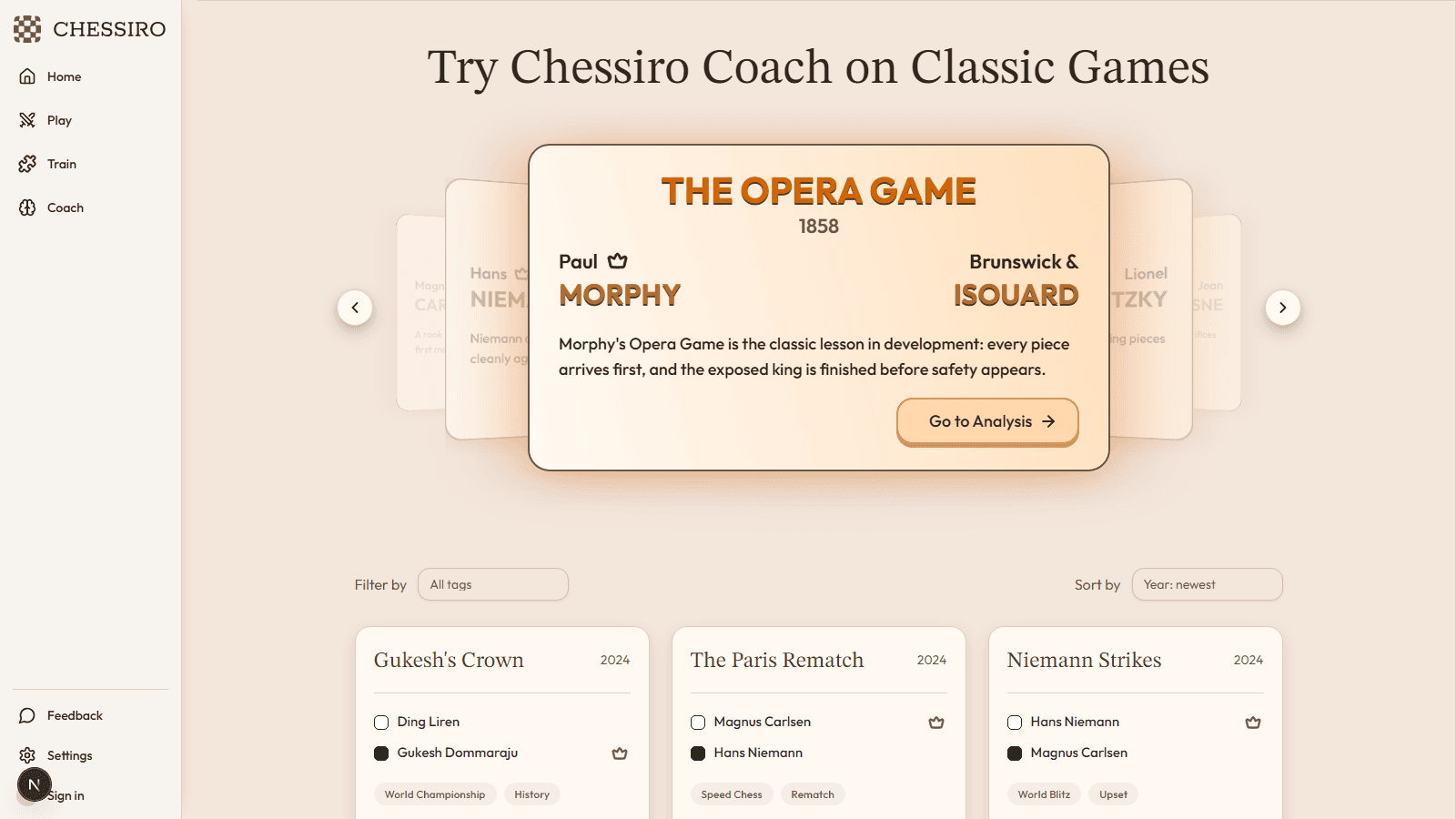 Chessiro classic games collection showing cards for the Opera Game, the Immortal Game and other historic chess games with players and year