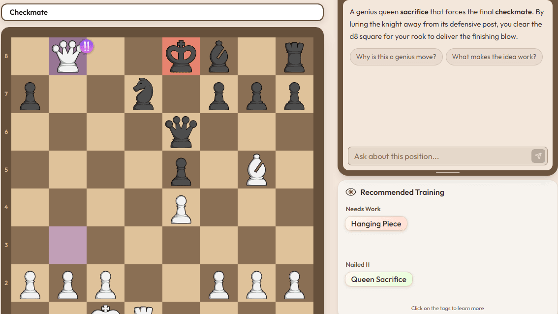 Chessiro game review of Morphy's Opera Game with the AI coach explaining the queen sacrifice and the evaluation graph showing the decisive swing