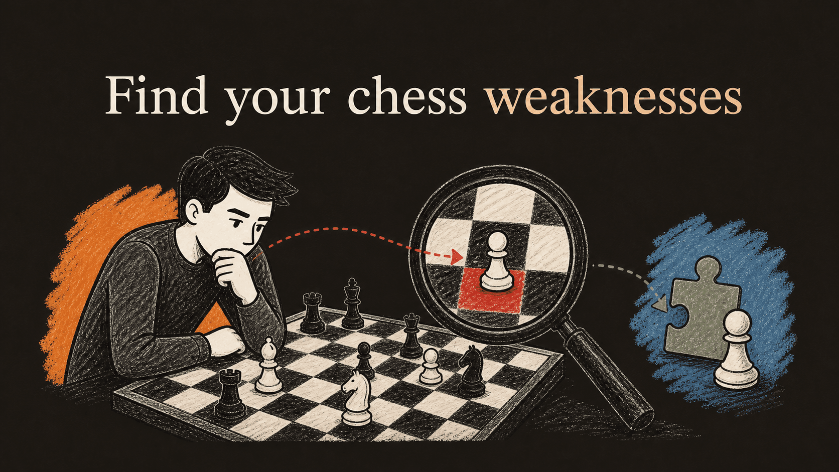 Chess player using a magnifying glass to identify a weak pawn and vulnerable square