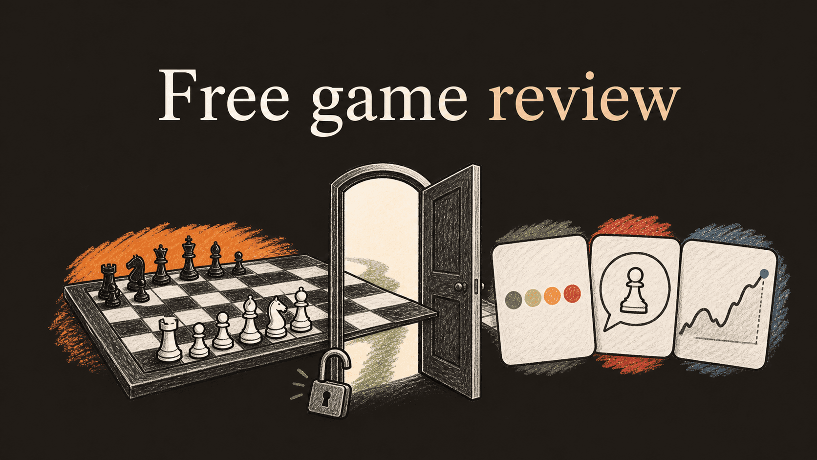 Chessboard passing through an unlocked doorway into free analysis and coaching cards