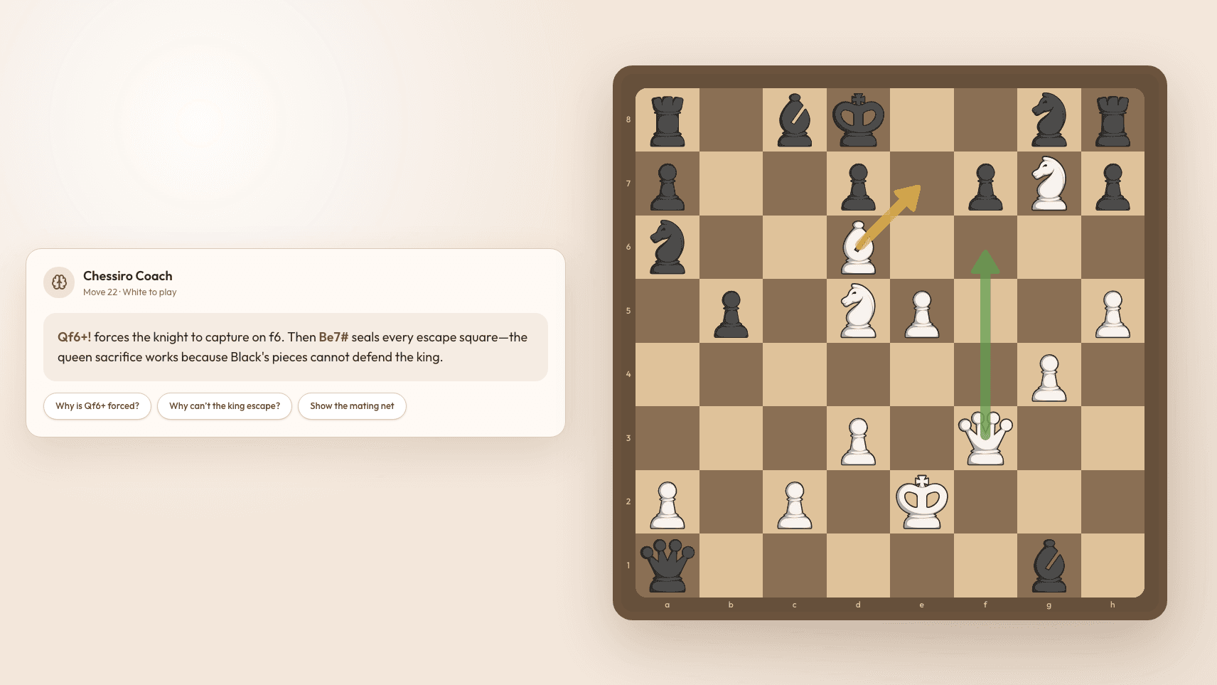 Chessiro AI chess coach explaining a move with coloured arrows drawn on the board and suggested follow-up questions below the answer