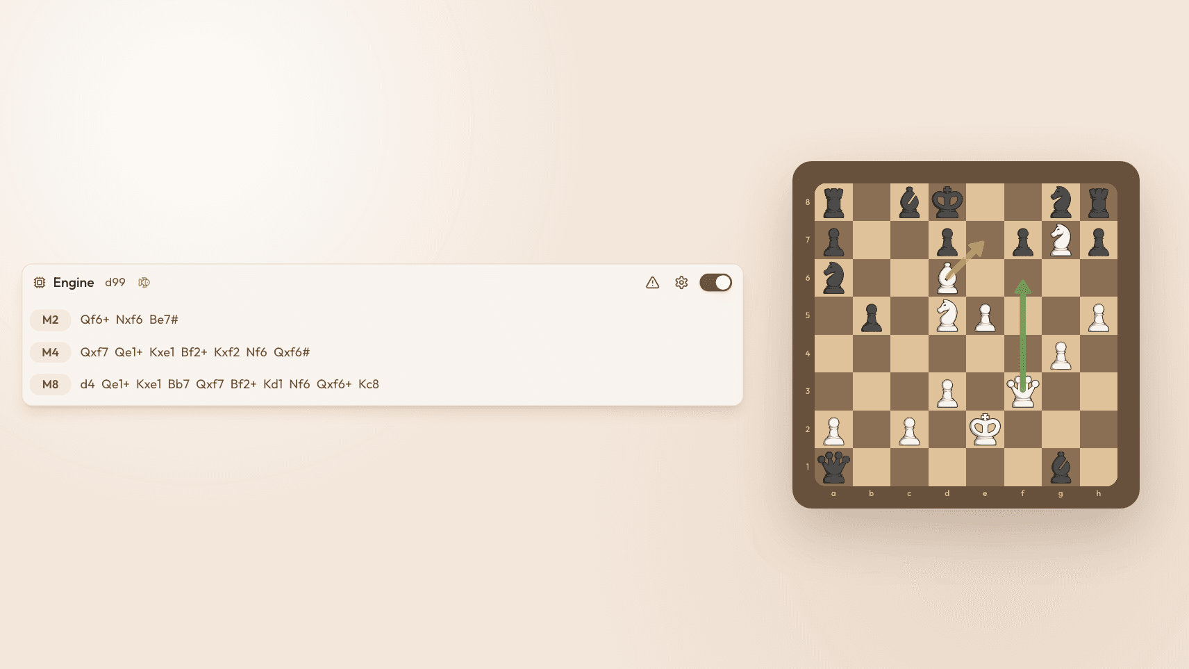 Stockfish 18 engine lines panel with adjustable depth and multiple candidate lines, each showing its evaluation