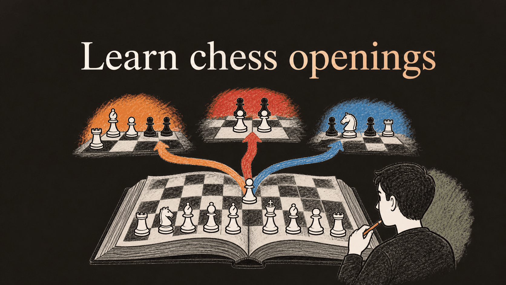 Open chess book branching into three opening structures for pattern-based learning