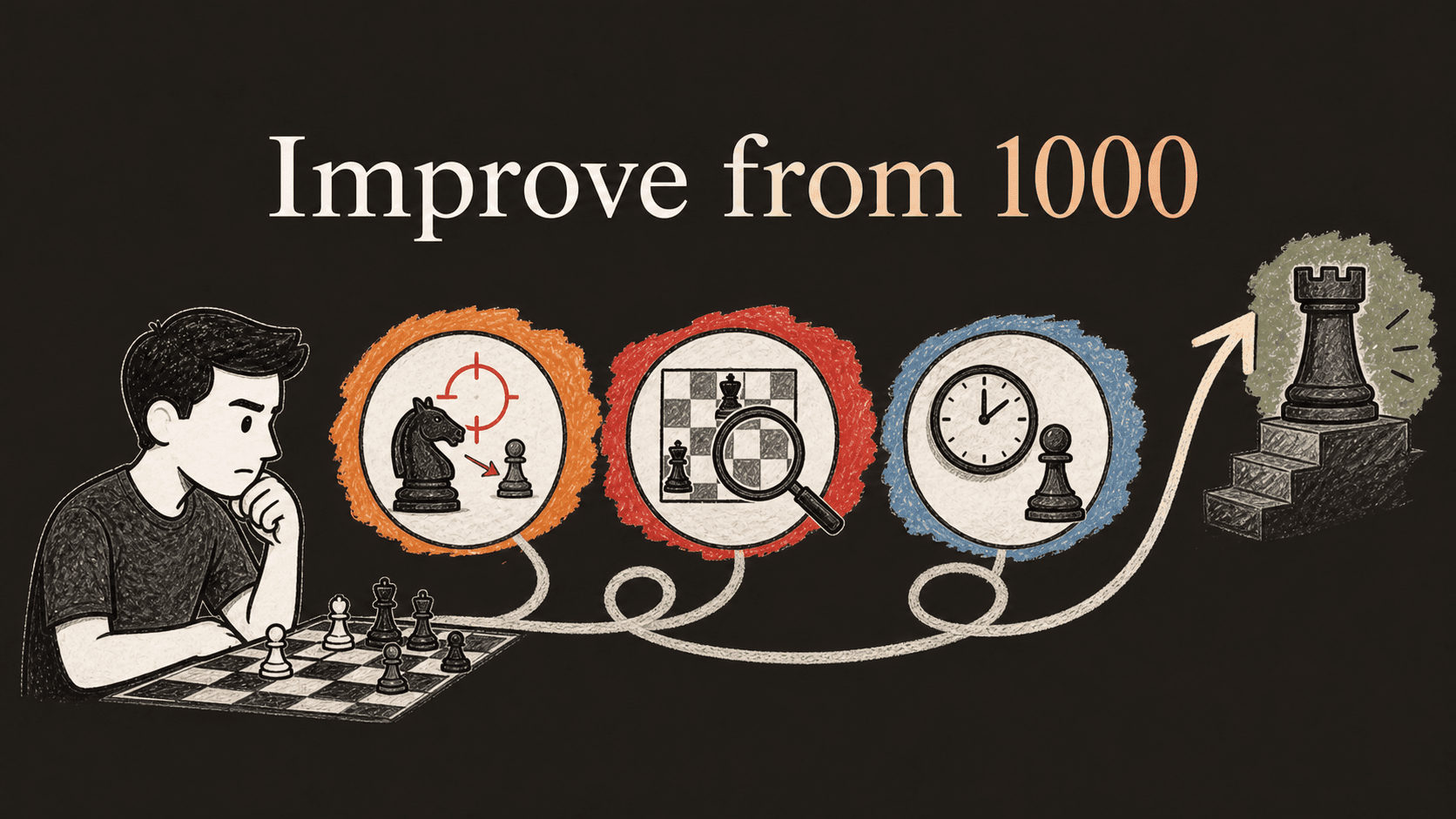Chess player following tactics, game review, and time-management training steps from 1000