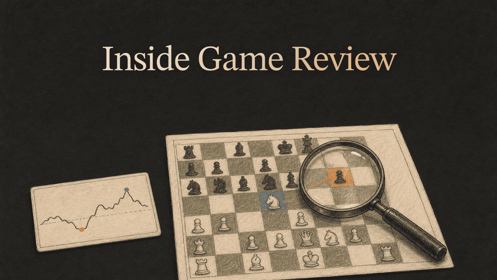 Hand-drawn Chessiro game review cover with a chessboard, highlighted move, magnifying glass, and evaluation graph