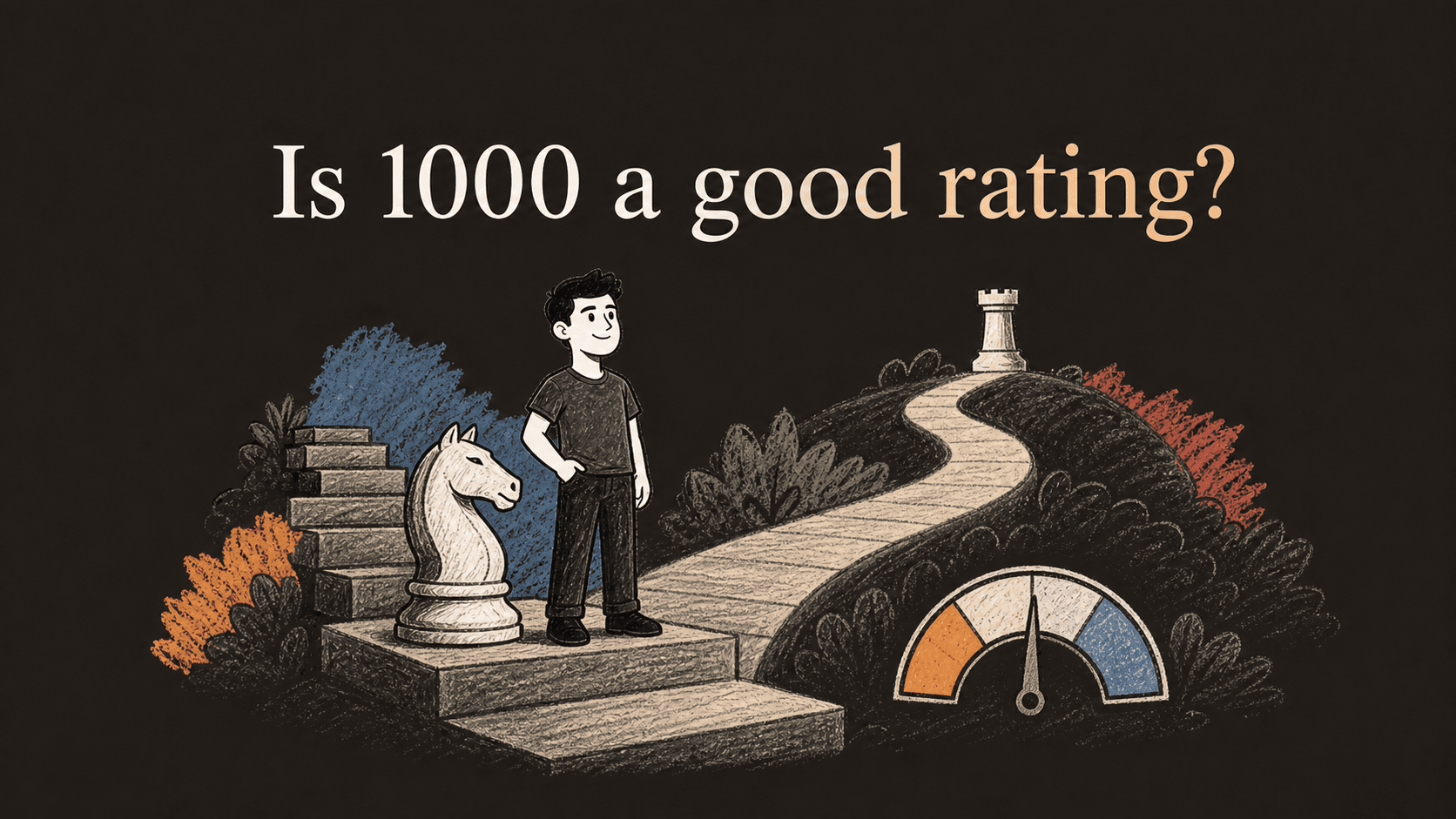 Chess player at the 1000 rating milestone with a knight and a path toward improvement