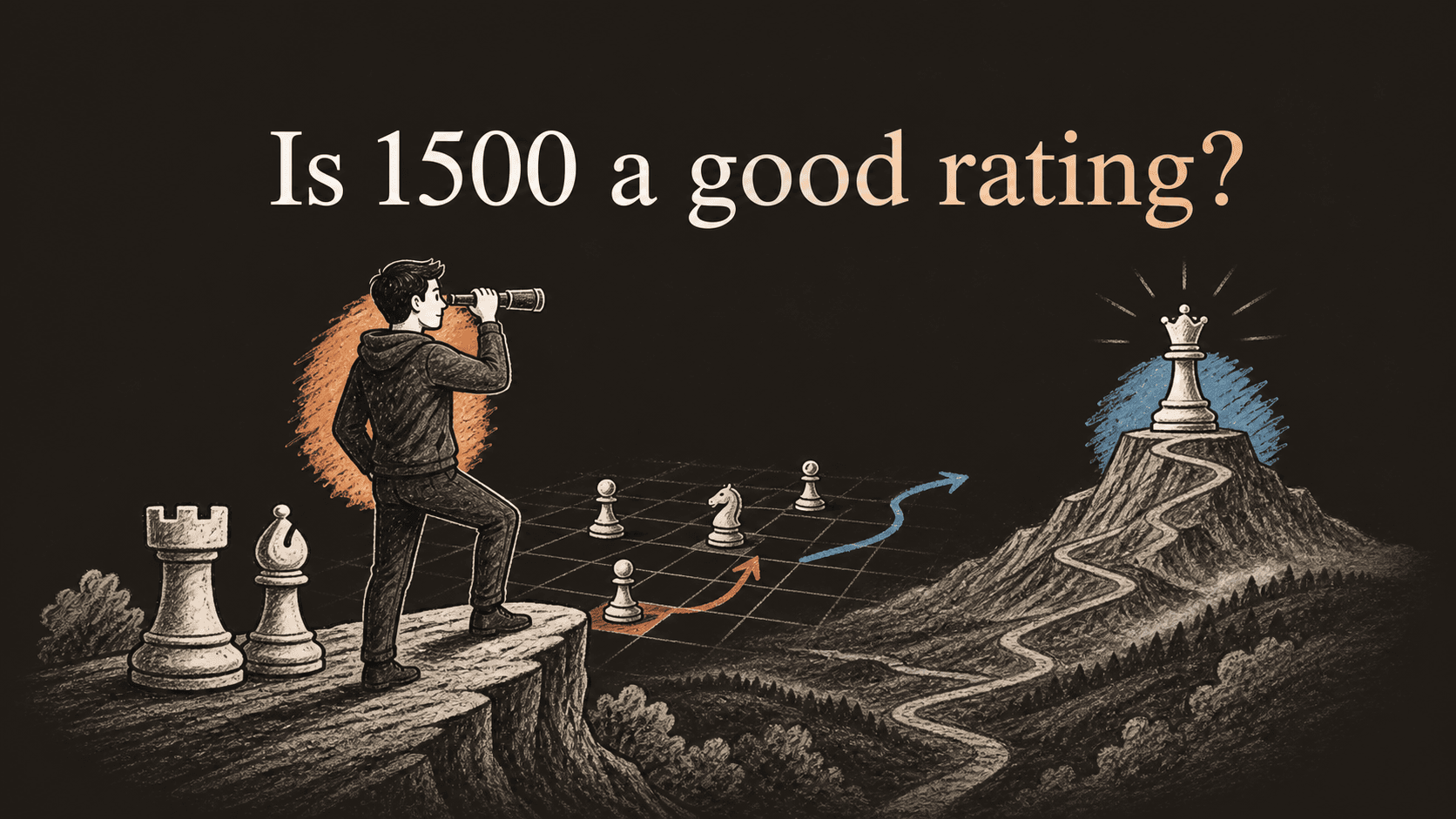 1500-rated chess player looking toward a queen summit over strategic move paths