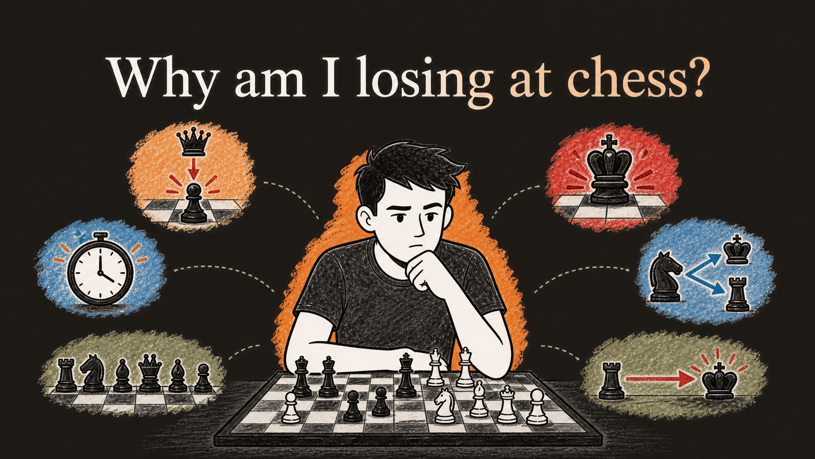 Chess player reviewing six common causes of losing, including time trouble and missed tactics